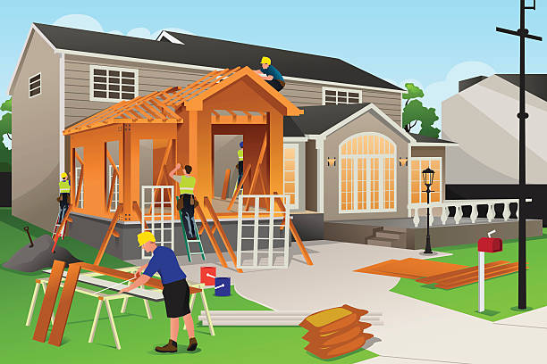 A vector illustration of workers working on home renovation