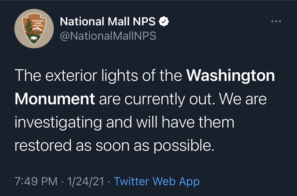 Washington monument lights out